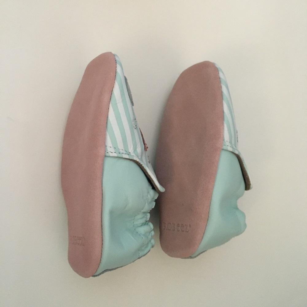 Robeez Soft Soles Baby Shoes in Mint Stripe with Seahorse & Coral 18-24M - Picture 2 of 14